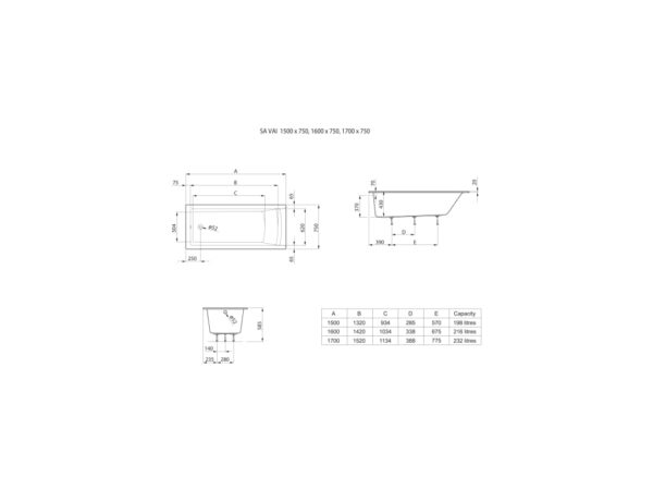 ROCA SAVAI Prostokątna wanna akrylowa SLIM RIM A248587000 - obrazek 2