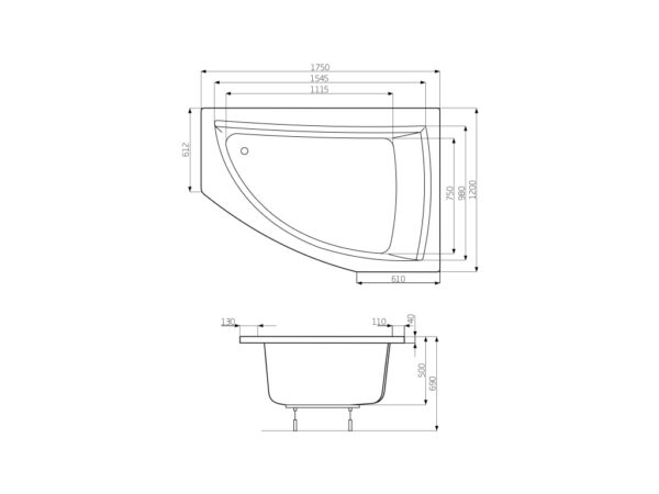 ROCA AQUAMARINA Asymetryczna narożna wanna akrylowa 1750X1200 (Prawa) z hydromasażem Smart WaterAir Plus A24T259000 - obrazek 2