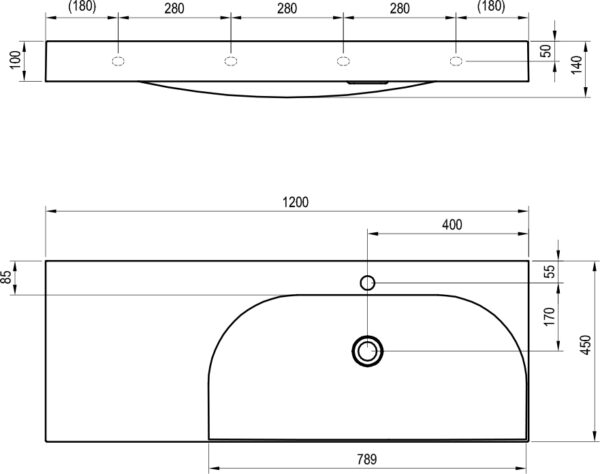RAVAK Umywalka Lite 120/80 L, z otworem na baterię, bez przelewu XJXL1212000 - obrazek 3