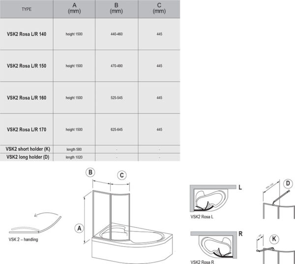 RAVAK Parawan nawannowy VSK2 Rosa 140 L, biała+szkło transparent 76L70100Z1 - obrazek 2