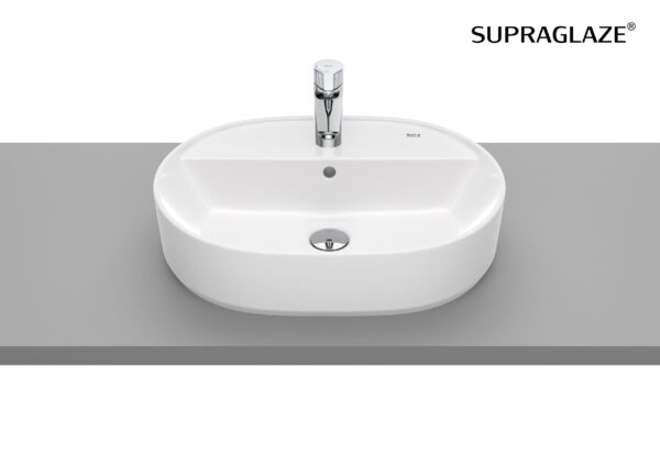 ROCA ROUND - Umywalka nablatowa owalna 55X40  z otworem na baterię, z przelewem SUPERGLAZE A3270Y0S00