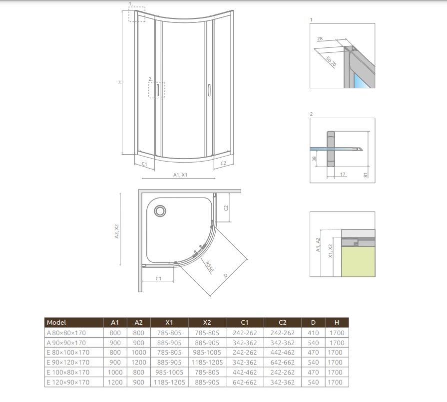 RADAWAY PREMIUM PLUS A 1700 KABINA PÓŁOKRĄGŁA 80X80 , PROFIL CHROM 30411-01-01N - obrazek 2
