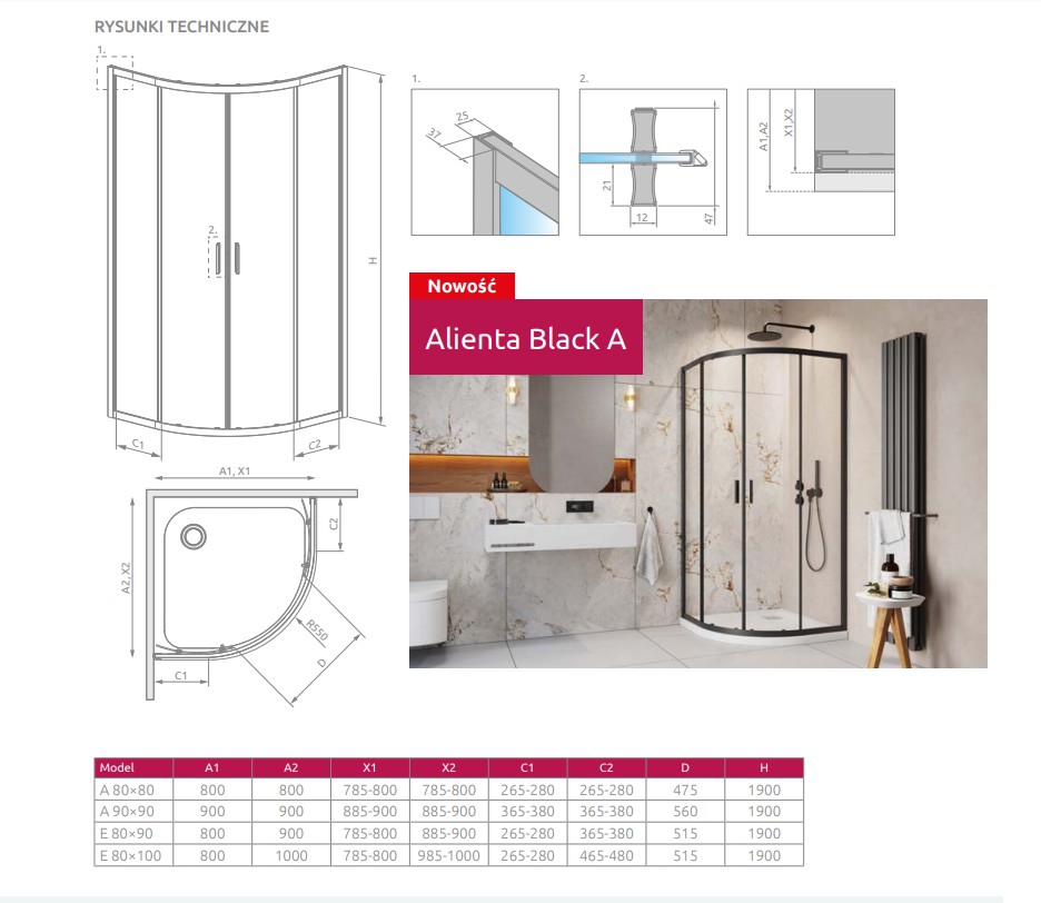 RADAWAY ALIENTA A KABINA PRYSZNICOWA PÓŁOKRĄGŁA 80X80 , PROFIL CHROM , SZKŁO PRZEZROCZYSTE 10228080-01-01 - obrazek 2