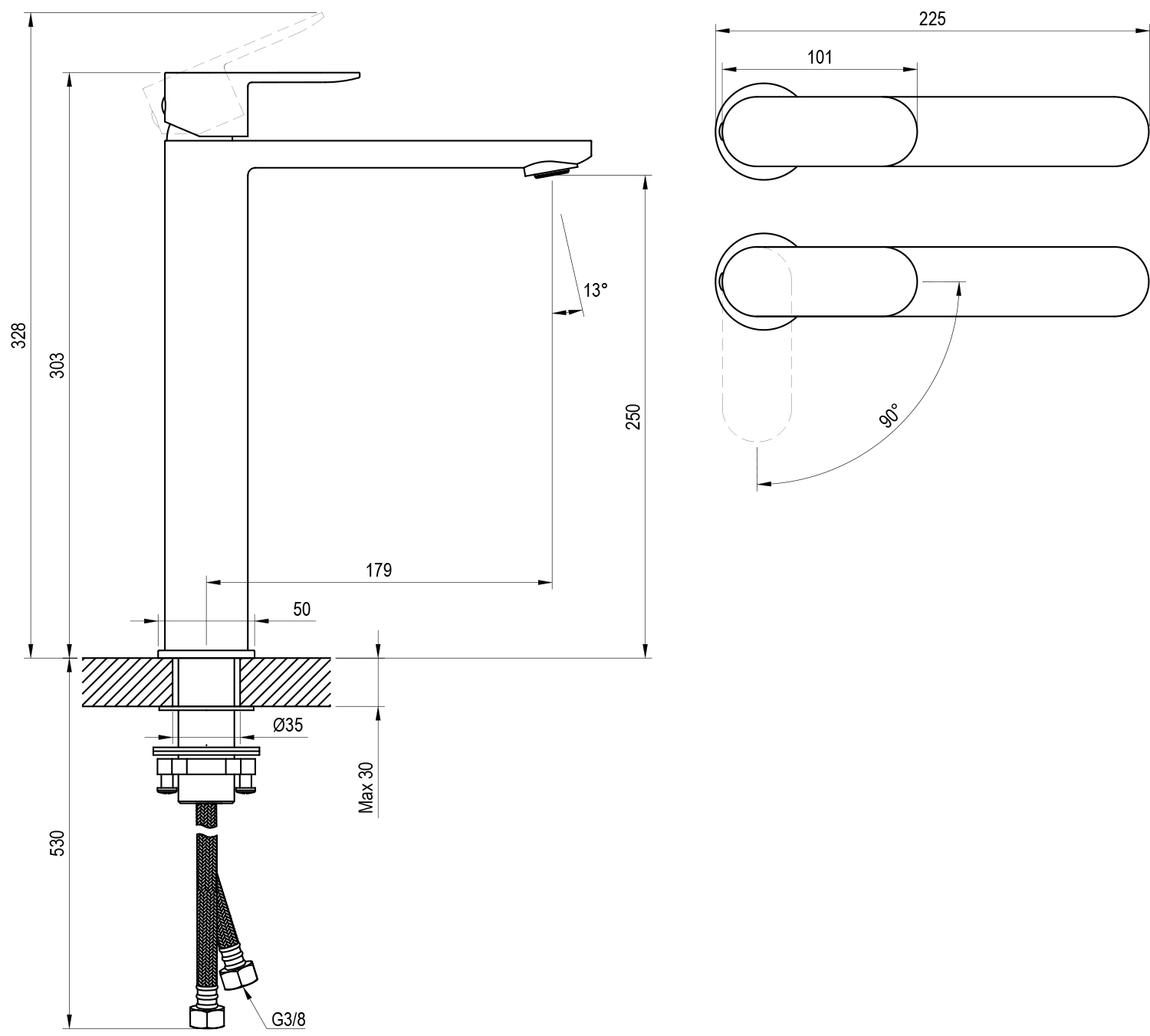 RAVAK CR II 015.21BL bateria umywalkowa stojąca BeCool 300 mm, bez korka, czarna X070461 - obrazek 2
